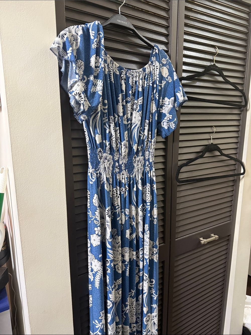 Blue Floral Maxi Dress with Smocked Waist and Flutter Sleeves